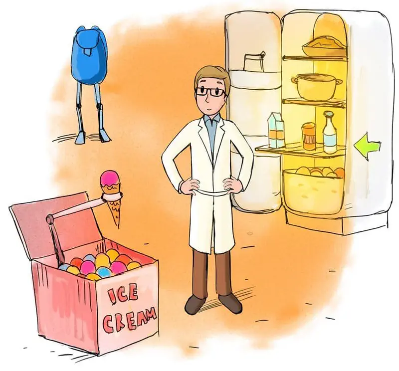 Inventor in lab coat standing by open fridge with robot backpack and ice cream box nearby