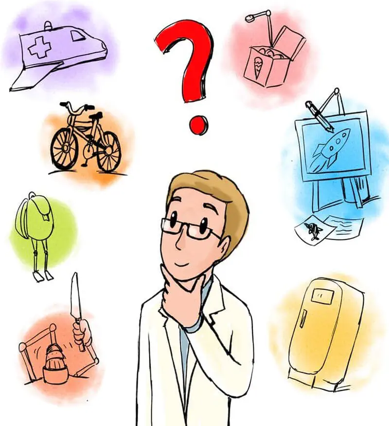 Inventor thinking with question mark surrounded by invention ideas including boat bike fridge and tools