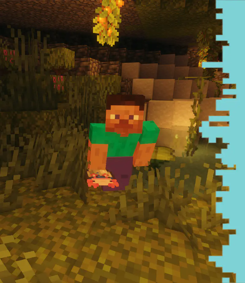 Minecraft Alex holding axolotl in underground cave with glowing lava