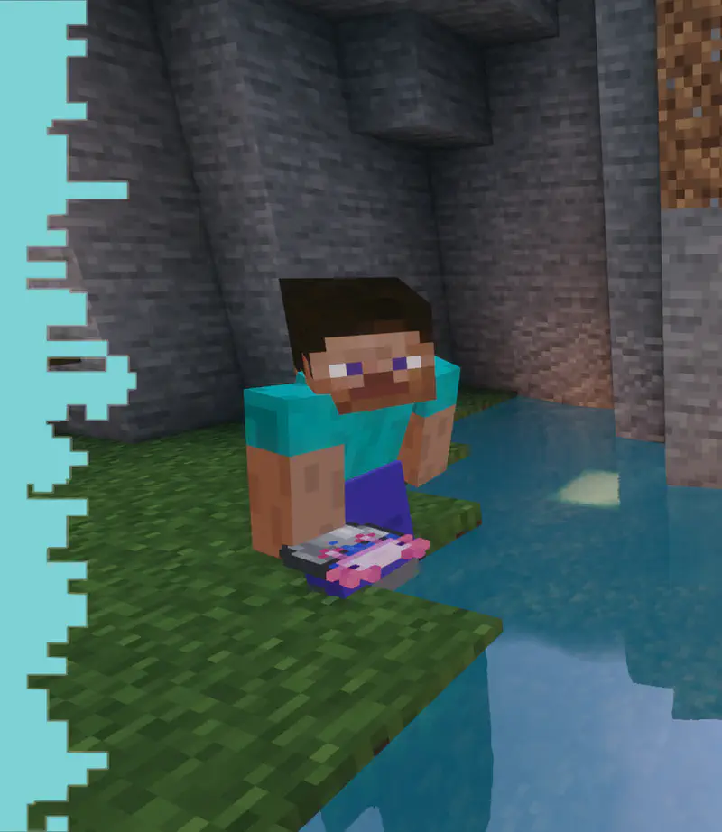 Minecraft Steve holding pink axolotl by cave pool water