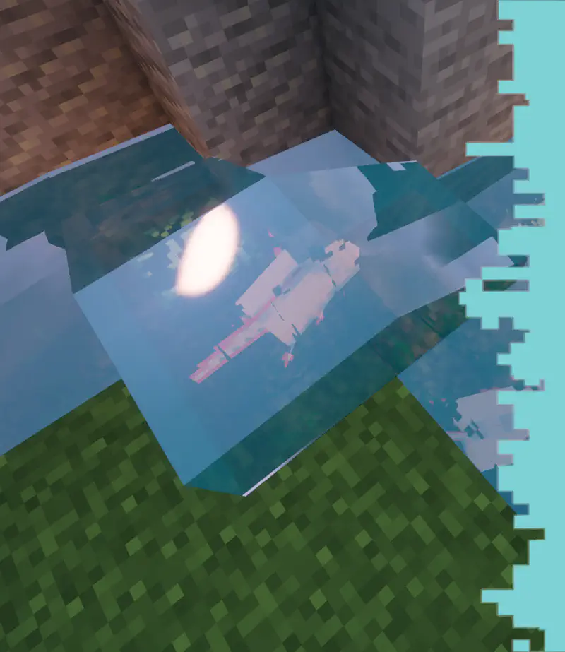 Pink axolotl swimming alone in clear blue pool water