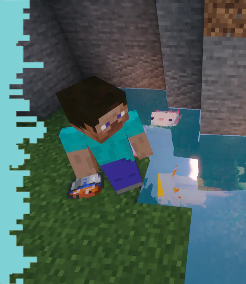 Minecraft Steve kneeling by pool with axolotls swimming in water