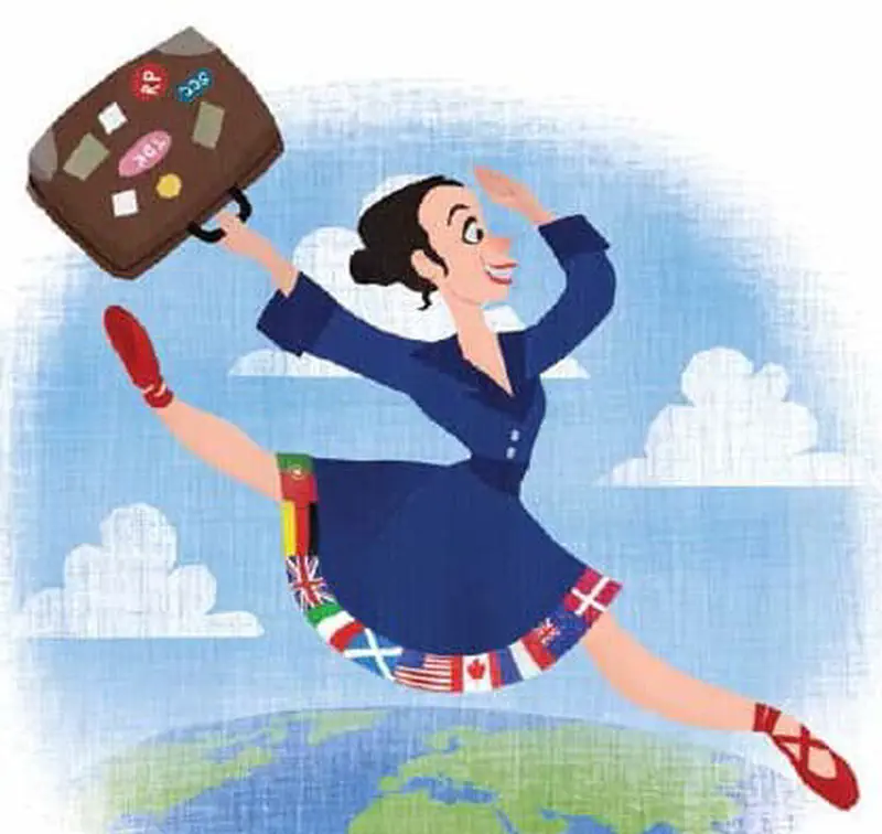 Woman in blue dress with international flags leaping over globe holding travel suitcase