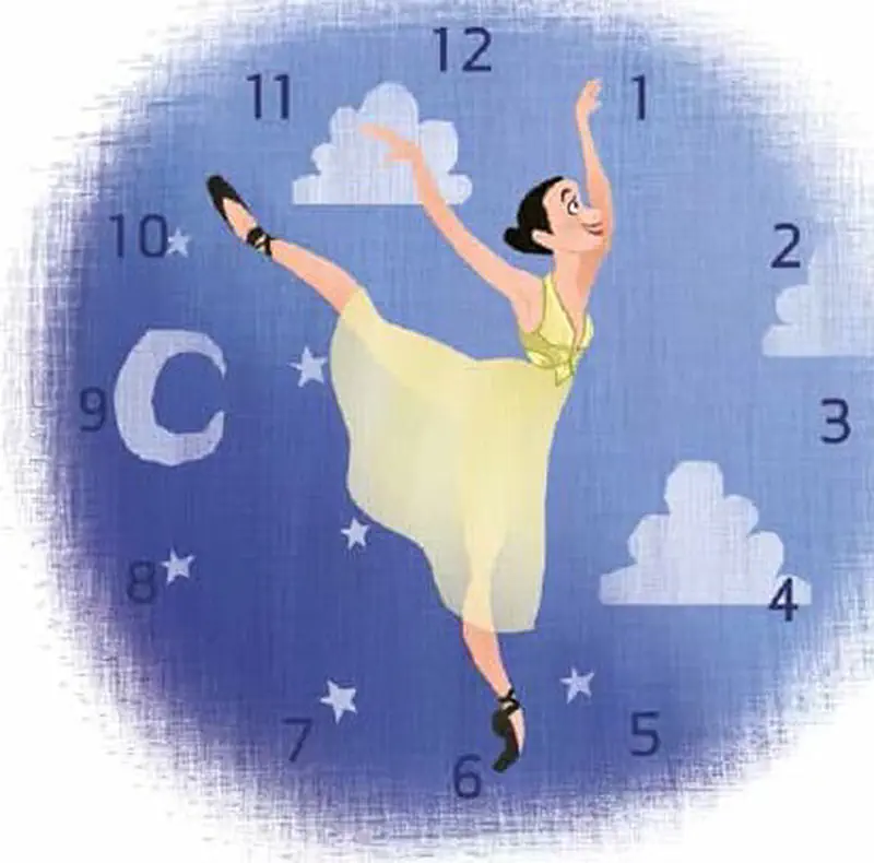 Ballerina in pale yellow dress dancing on giant clock face with moon and stars