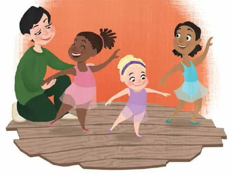 Ballet teacher in blue guiding three young girls in pink tutus at the barre