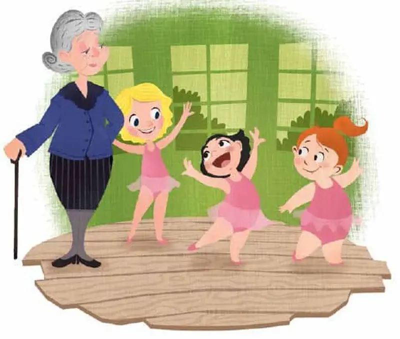 Elderly woman with walking cane watching three young ballerinas practice in pink tutus