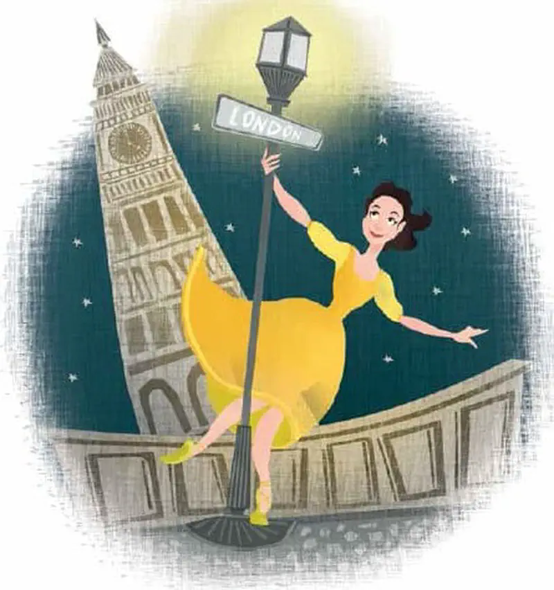 Ballerina in flowing yellow dress dancing gracefully near London Big Ben