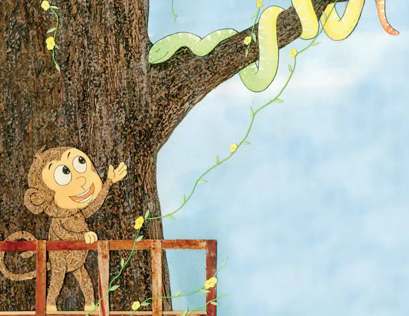 White rabbit holding banana below treehouse while monkey watches