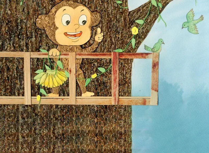 Brown monkey stretching and yawning on bamboo treehouse deck