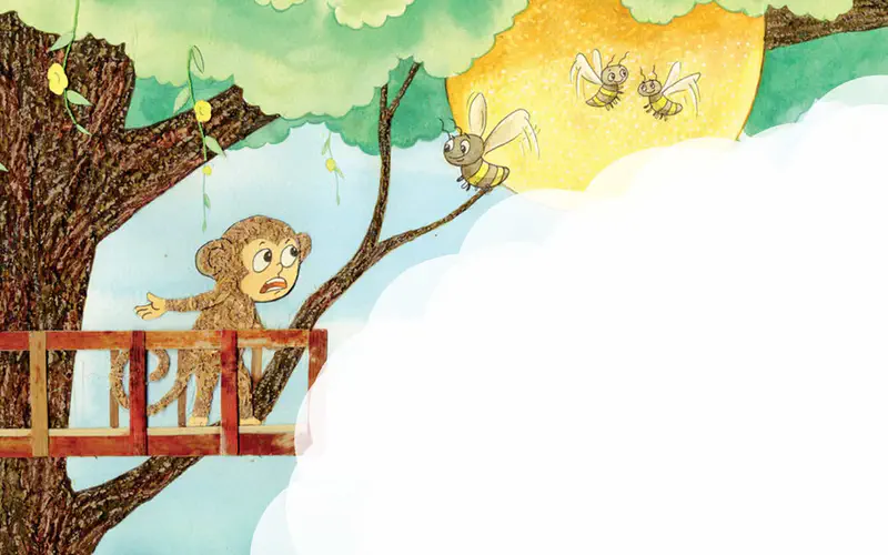 Monkey on treehouse balcony watching bees near yellow hive