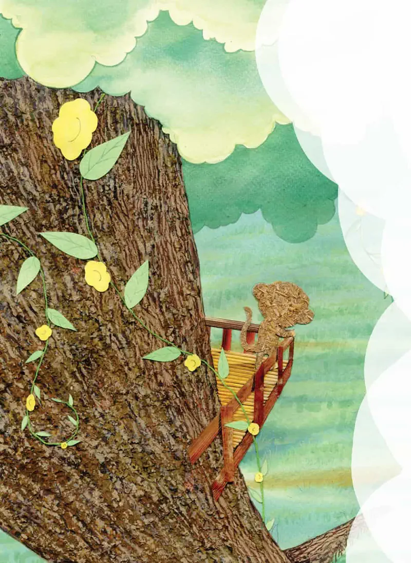 Large tree with treehouse balcony and banana plant below