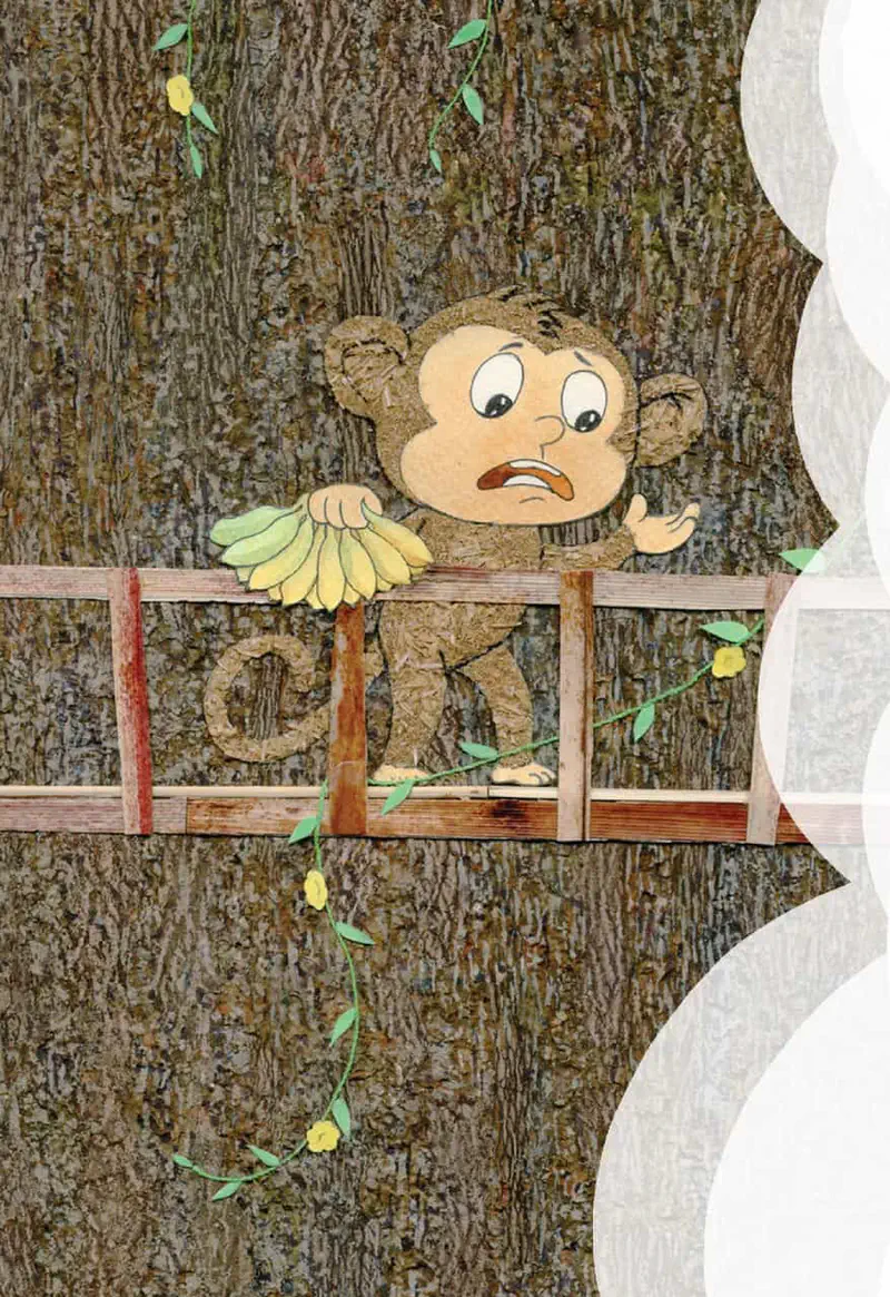 Monkey standing on treehouse balcony looking out at forest