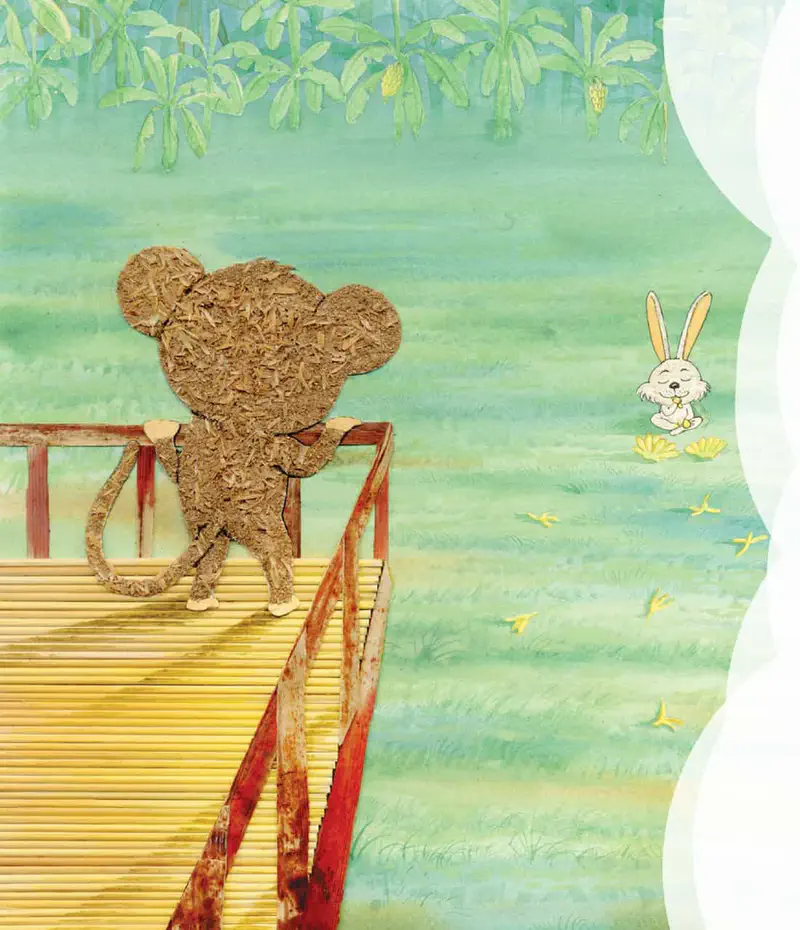 Monkey watches rabbit eating banana happily in green field