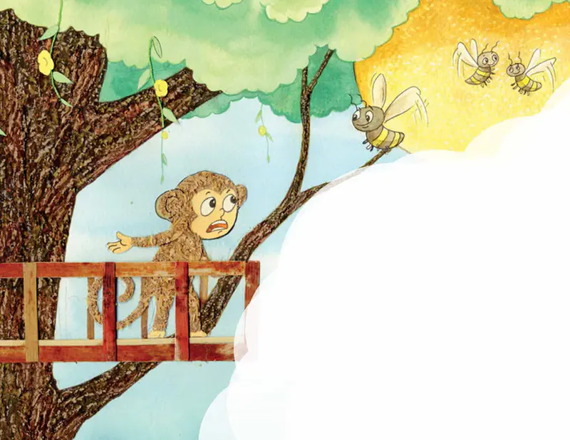 Worried monkey on treehouse balcony with bees flying nearby