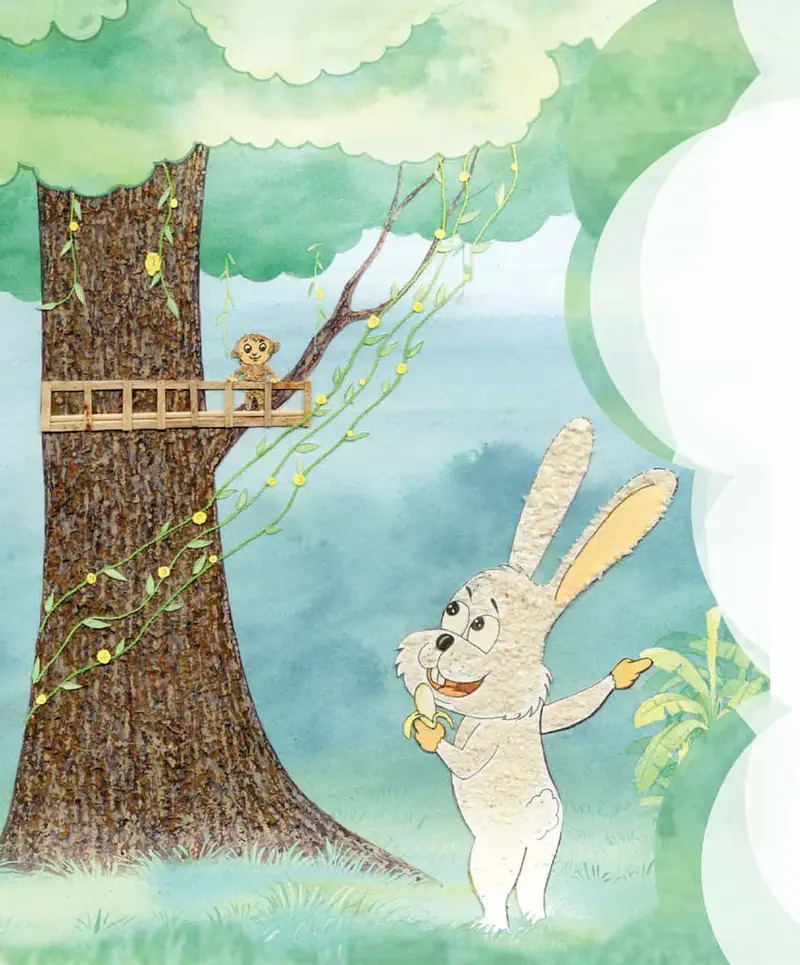 White rabbit holding banana below treehouse while monkey watches