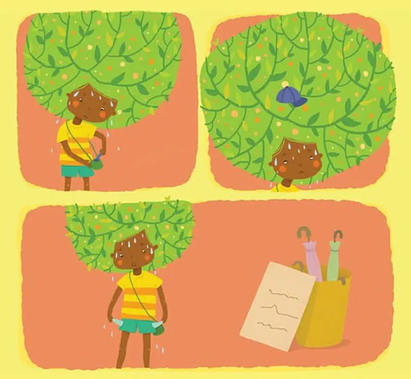 Three panels showing girl with leafy green hair standing in rain with bird sheltering in her hair and umbrellas nearby