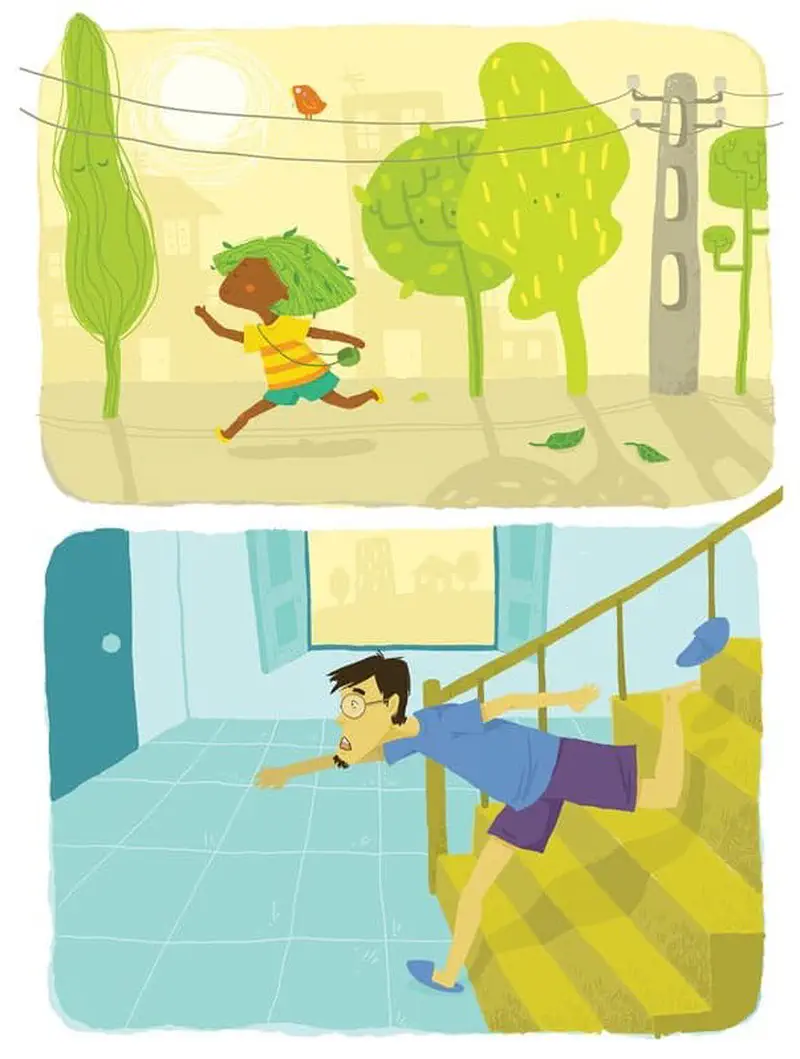 Two scenes showing girl with tree hair running past trees and boy slipping on stairs at home