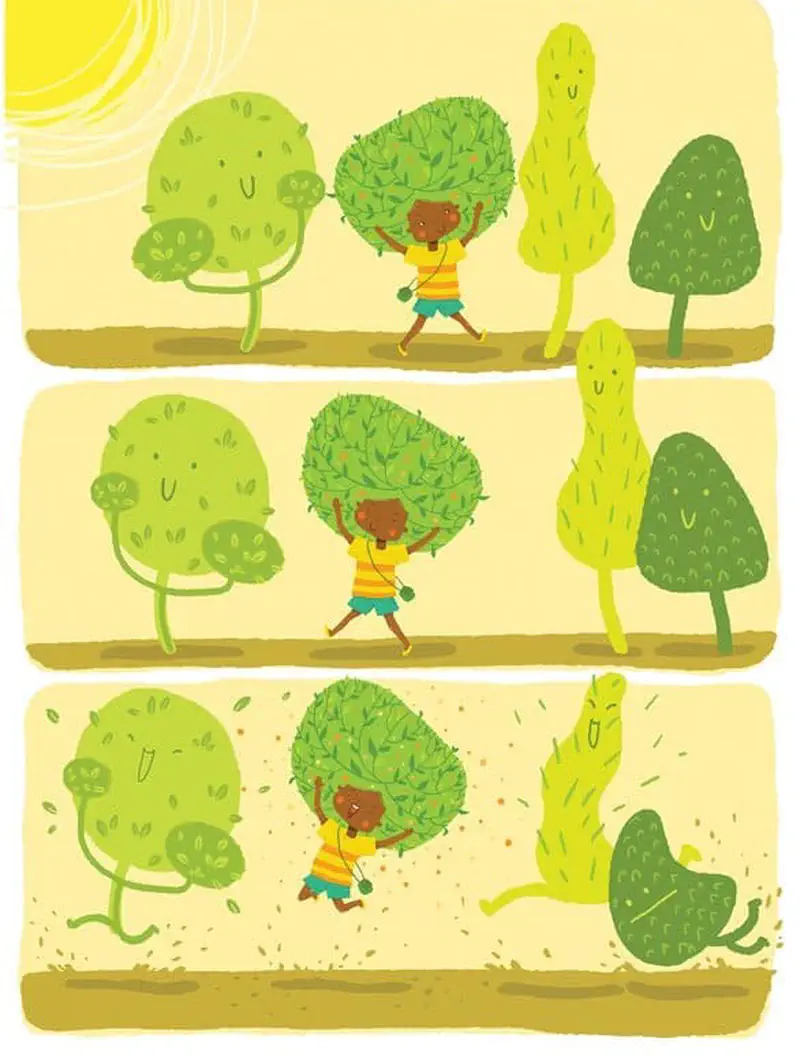 Three panels of girl with bushy green hair walking among friendly smiling trees under yellow sun