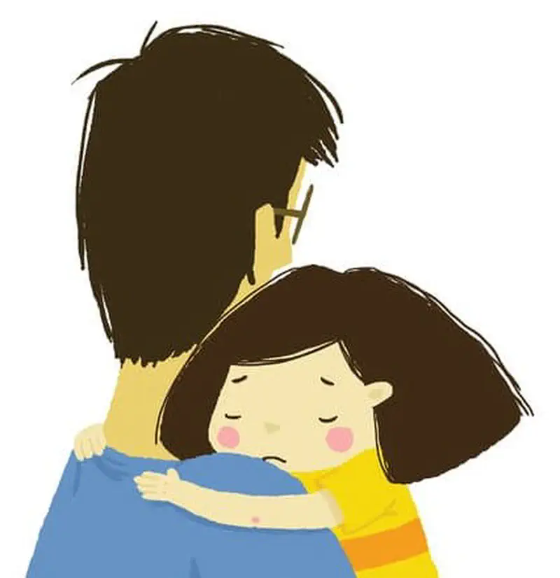 Father with glasses hugging sad young daughter with brown hair in comforting embrace