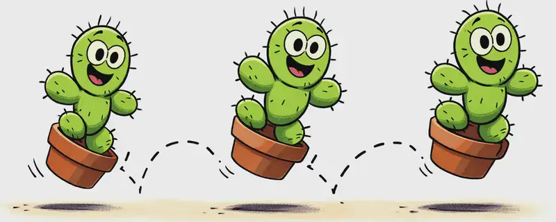 In the lower half of the image, Spike is shown in three sequential poses hopping cheerfully from left to right in his small terracotta pot, conveying movement across the scene. In each pose Spike has a happy, optimistic smile — unbothered and determined to keep going. Dashed bouncing lines between each position emphasize the hopping motion. The top half is plain white background, and the overall setting is a simple, minimal outdoor ground plane with soft shadows beneath the pot.