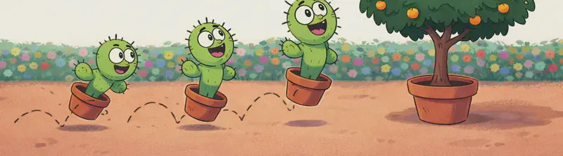 On the right side of the image, Spike is shown in a sequence of poses hopping across the scene in his terracotta pot, with dashed lines indicating his bouncing path. In the center-right, Spike stands in his pot looking up hopefully with a friendly smile at a grumpy orange tree, which has narrowed, annoyed-looking eyes peering out from its foliage. The outdoor scene features a warm peachy-orange ground with a colorful flower hedge running along the background.