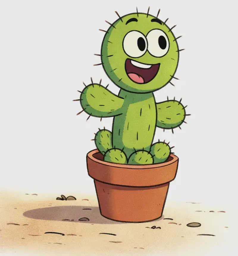 On the left side of the image, Spike stands in his terracotta pot in an empty garden, looking outward with a bright, determined smile — as if he has just decided to find somewhere new. The garden around him is bare and quiet, emphasizing that he is alone with no other spikey plants in sight. The background is plain white, suggesting open space and possibility ahead.