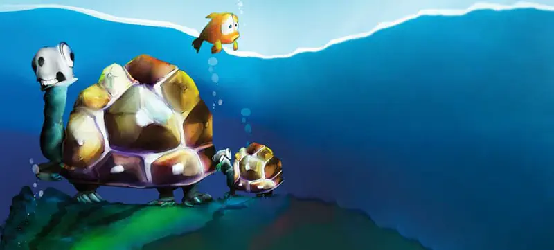 Orange fish swimming above a big sea turtle and baby turtle on the ocean floor with bubbles rising