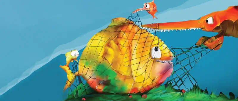 Big orange fish protecting little blue fish from danger in ocean