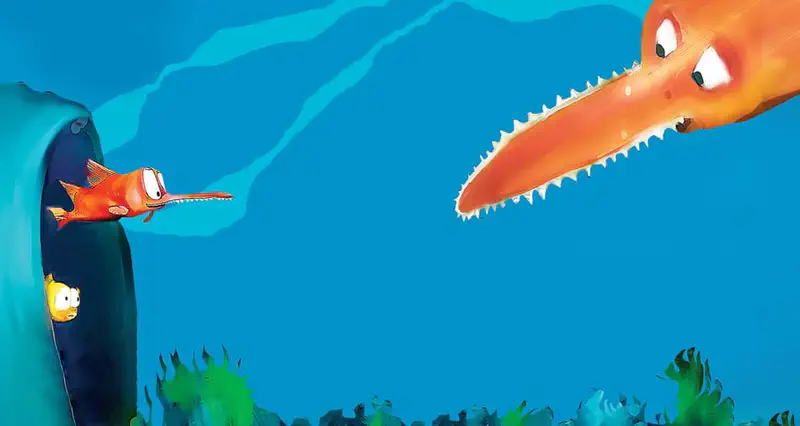 Orange swordfish protecting little yellow fish hiding in a pipe from a scary long-nosed predator