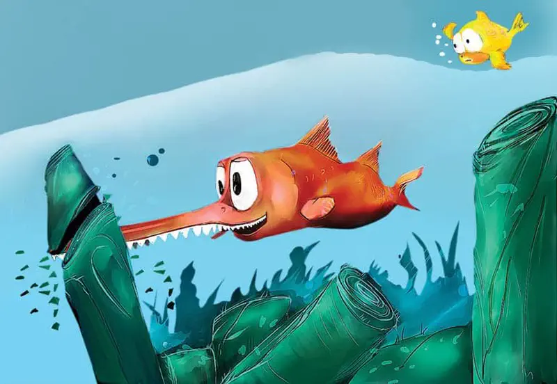 Orange swordfish biting through green seaweed while little yellow fish watches from above