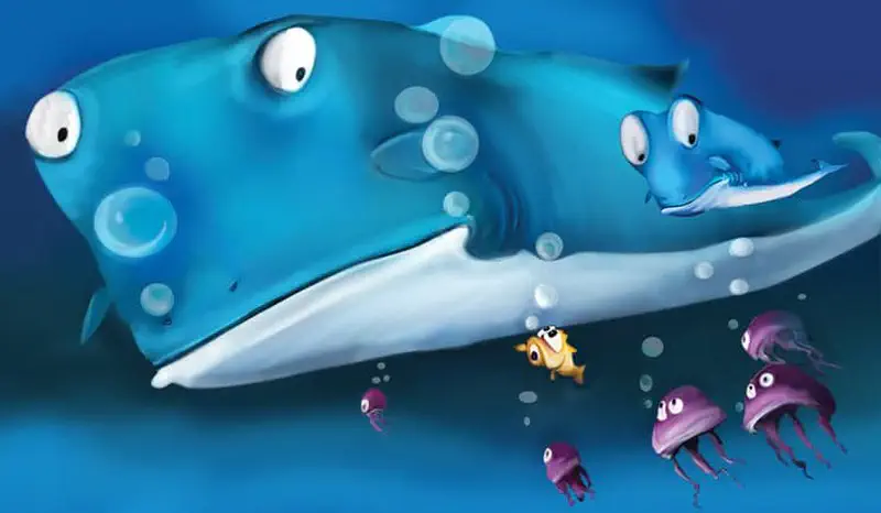 Two big blue whales swimming with tiny yellow fish and purple jellyfish below them