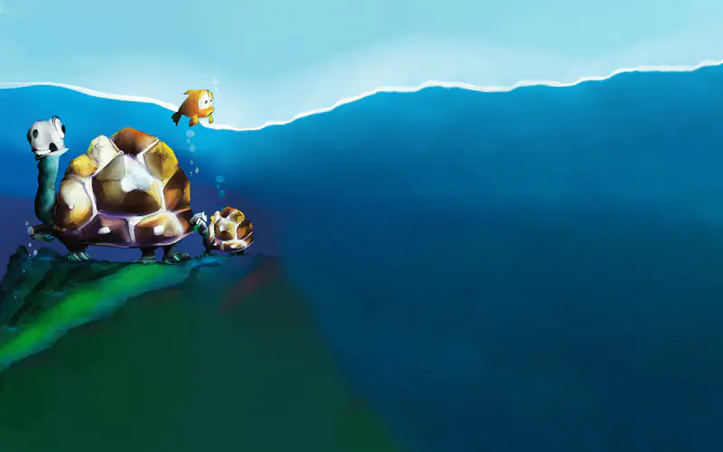 Orange fish floating above a sea turtle and baby turtle resting on the green ocean floor