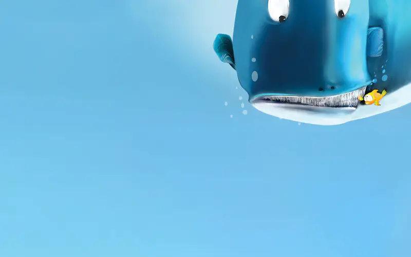 Giant blue whale looking down at tiny yellow fish near its mouth in light blue water