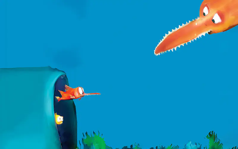 Small orange swordfish guarding yellow fish in pipe while facing scary long-nosed predator