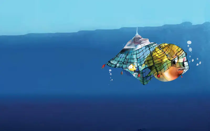 Big yellow fish and little fish trapped together inside a fishing net underwater