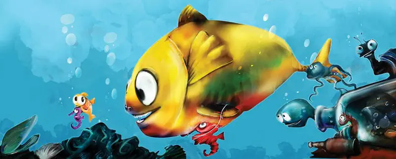 Big orange fish and small blue fish swimming together in ocean water