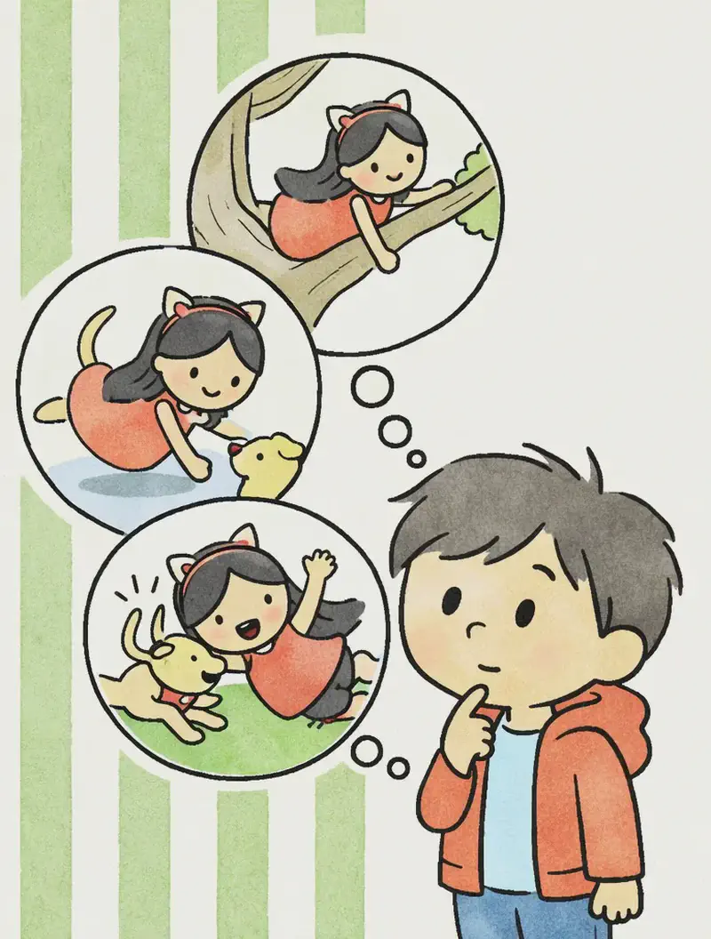 On the left side of the image, Little Brother is shown from the chest up with a thoughtful expression, resting a finger on his chin and looking upward as if remembering. Three circular thought bubbles float above and to the left of him, each depicting a memory of Big Sis: in one she is lying confidently on a tree branch, in another she is reaching out to pet Dog with a brave face, and in the third she is tumbling to the ground from her fall with a surprised expression. The background is a green-striped wallpaper pattern, with the right side left as plain open space.