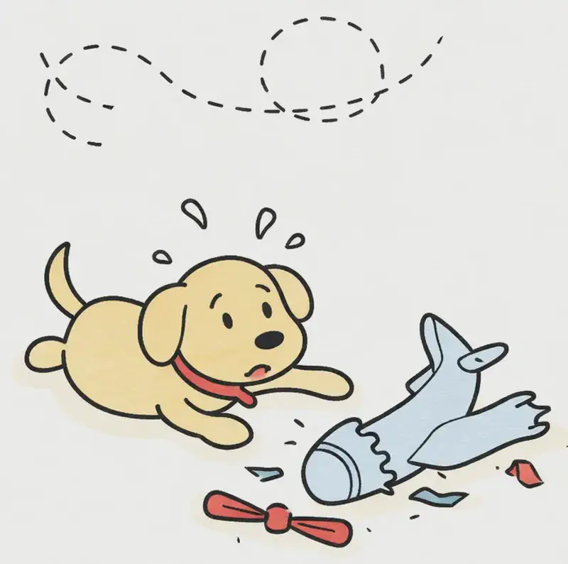 On the left side of the image, Dog lies on the ground with a startled, dazed expression, with a crashed toy airplane broken apart into pieces and scattered red propeller parts around it. A dotted arc line in the sky above suggests the looping flight path the plane took before crashing down. The right side of the image is plain white background.