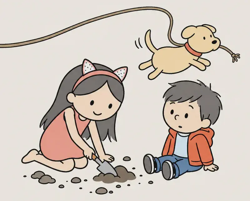 In the lower-left portion of the image, Big Sis is kneeling on the ground, leaning forward with a focused expression as she digs in the soil with a small garden tool. Little Brother sits beside her on the ground, looking up with a curious, wide-eyed expression. Behind them, Dog is leaping energetically into the air, tugging on a long rope with its mouth. The scene is set outdoors on a bright, sunny day in a yard or garden area with green trees lining the horizon and a light blue sky with stylized swirling clouds above.