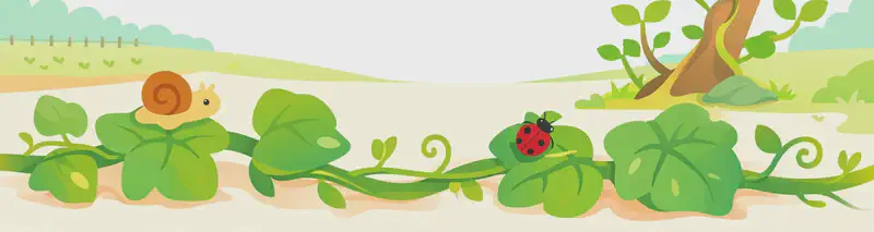 In the lower half of the image, a large leafy vine stretches across the ground from left to right, with broad green leaves and curling tendrils. A small snail sits atop one of the leaves on the left, and a ladybug rests on another leaf near the center. On the right side, a separate vine climbs upward along a twisted branch with smaller green leaves. The scene is set outdoors on a bright day, with a soft watercolor background showing a fenced yard and distant hills in the upper left. The top half of the image is mostly open sky and light background.
