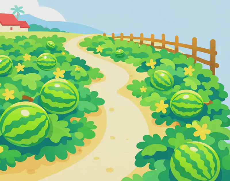 On the left side of the image, sprawling watermelon vines cover the ground on both sides of a dirt path that cuts through an American farm field. Large round watermelons sit among broad green leaves, with a rustic wooden fence running along the right edge of the field. In the background on the far left, a small farmhouse with a red roof is visible under a bright, sunny sky. The right portion of the image is open, plain sky suitable for text overlay.