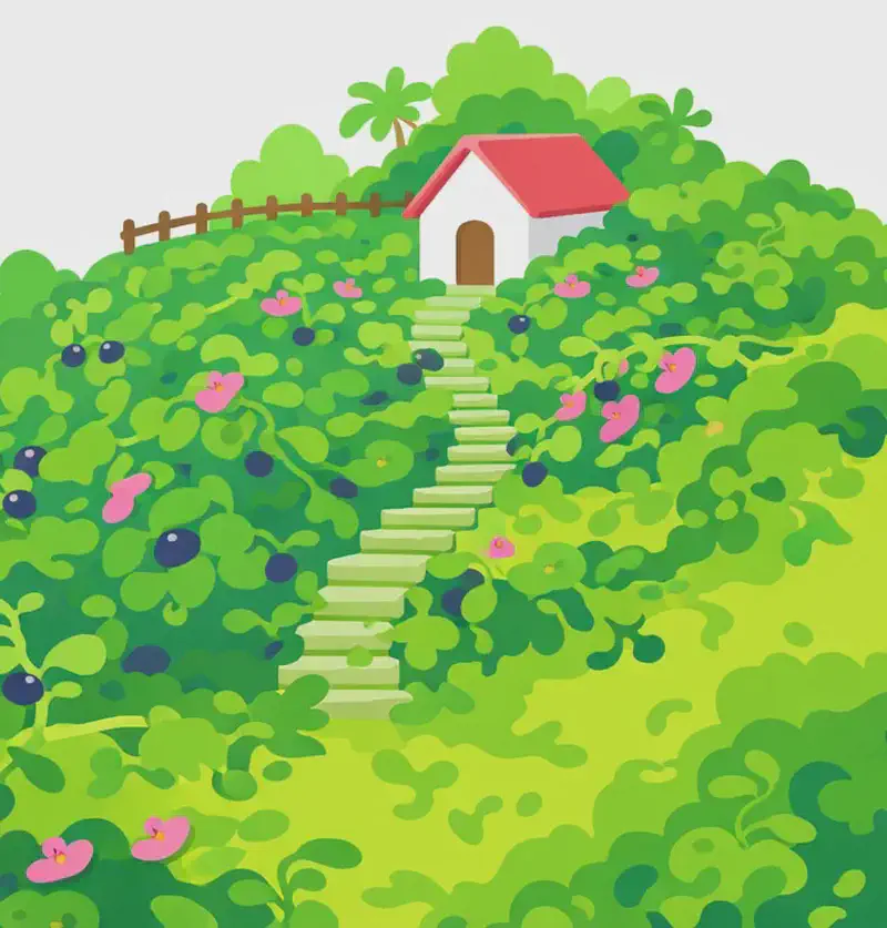 A lush, overgrown outdoor landscape painted in watercolor style, with thick, wild vines bearing pink flowers and dark berries sprawling across the bottom and left of the scene. On the right side, a small house with a peaked roof sits on a hillside behind a wooden fence, with stone steps leading up to it — the surrounding yard and trees are being overtaken by dense, tangled greenery. The scene is set in bright daylight with a white sky, conveying how invasive vines have spread across the entire rolling hillside.