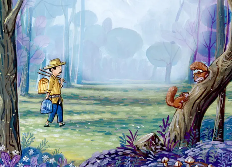 Girl with brown hair looking at yellow bird in cage with concern