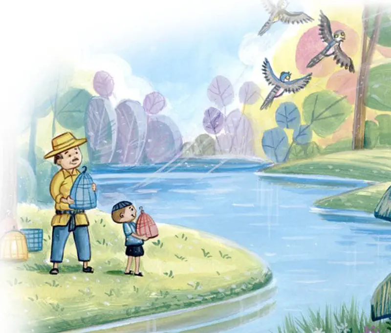 Happy bird flying among green trees and colorful flowers outside