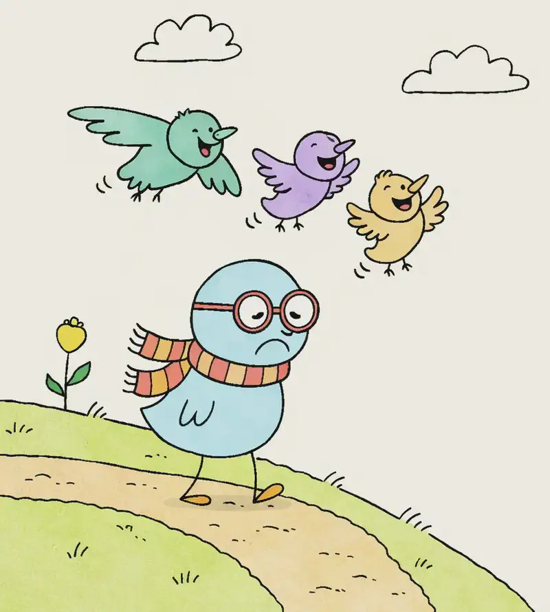The Bird stands on the left side of the image atop a grassy hill with a dirt path, wearing red-framed glasses and an orange-and-red striped scarf, looking sad and dejected with a frowning expression, walking away from a group of four classmate birds who are flying and swooping in the air behind and above. The scene is outdoors on a bright day with a warm golden-yellow sky and small white clouds, with a single flower growing on the hillside. The right approximately 40% of the image is open golden sky with no characters or detail.