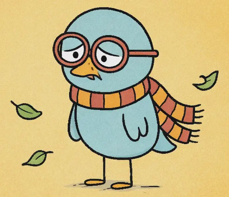 On the right side of the image, the Bird stands looking dejected and frustrated, wearing red-framed glasses and an orange-and-red striped scarf, with drooping, downturned eyes and a small frown, conveying hurt pride. The Bird's wings hang loosely at its sides in a defeated posture. A few small leaves drift in the breeze around the Bird. The background is a warm golden-yellow sky, with the left side completely clear of any detail.