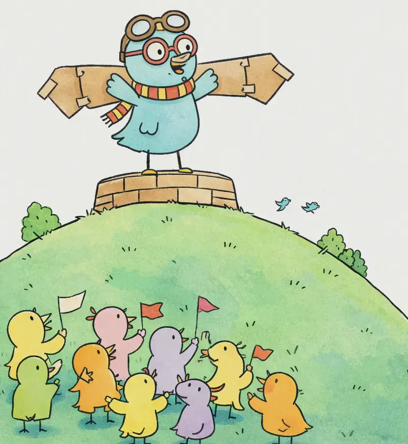 On the left side of the image, the Bird stands triumphantly atop a grassy hill on a low stone wall, with a blue sky behind him, wearing red-framed glasses, an orange-and-red striped scarf, and aviator goggles pushed up on its head, with arms outstretched and large homemade cardboard-and-tape wings spread wide, looking determined and confident, ready for takeoff. Below on the lower-left hillside, a crowd of roughly eight to ten assorted bird spectators is gathered looking up — some holding small flags and signs, appearing excited and supportive, while others watch with skeptical or worried expressions. The scene is outdoors on a bright, sunny day with rolling green hills and a clear blue sky, with a few small birds flying in the background near some trees on an adjacent hill to the right.