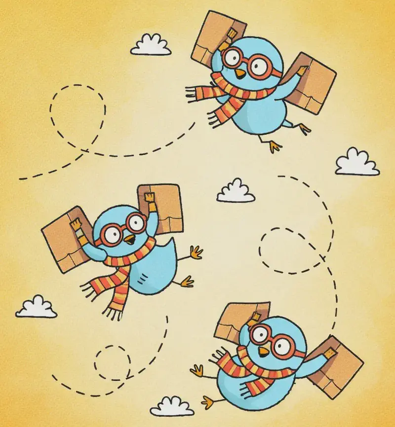 The Bird is shown three times on the right side of the image in a dynamic action sequence against a bright blue sky, depicting aerial acrobatics. In each pose, the Bird is flying with homemade cardboard-and-tape wings outstretched, wearing red-framed glasses, an orange-and-red striped scarf trailing in the wind, and aviator goggles over its eyes — diving, twisting, and looping through the air with a joyful, wide-eyed expression. Dashed looping lines trace the Bird's flight path, showing swooping tricks and spirals. Small white clouds are scattered around the right side of the scene.