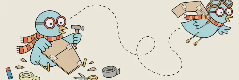 The image shows two vignettes of the Bird on the left side. On the left, the Bird sits on the ground with a determined expression, wearing red-framed glasses and an orange-and-red striped scarf, holding a hammer and building large homemade cardboard-and-tape wings, surrounded by craft supplies including cardboard, tape, and tools. On the far left, the Bird is shown flying joyfully through the sky wearing aviator goggles pushed up on its head and the homemade cardboard-and-tape wings strapped on, with a looping dashed flight trail and small clouds around. The scene is set outdoors against a light open-sky background. The right approximately 40% of the image is plain background.