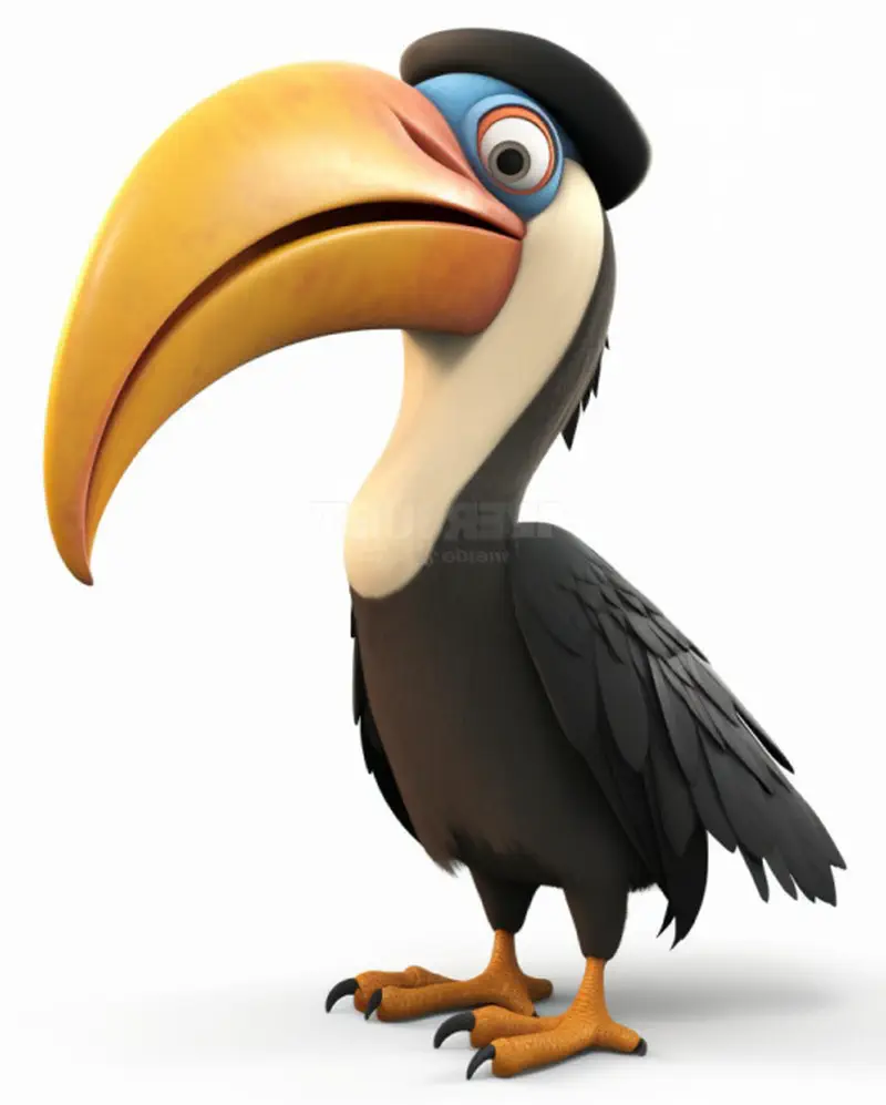 Black cartoon toucan with large yellow and orange beak
